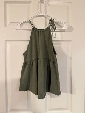 Tie-Shoulder Olive Green Sleeveless Peplum Top small